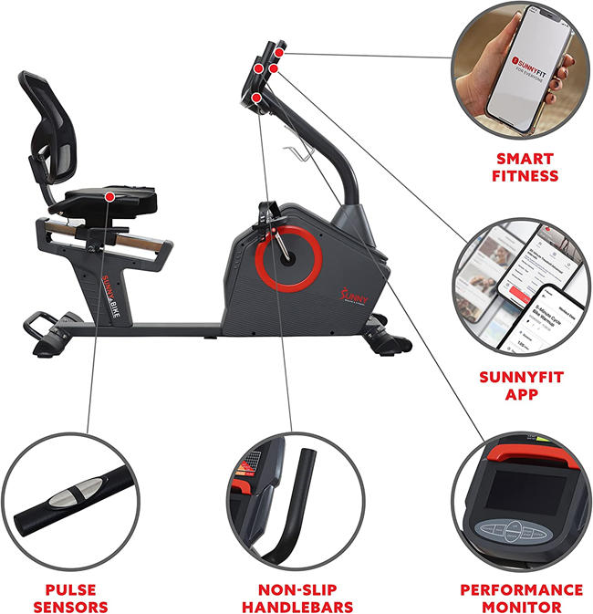 Sunny Health & Fitness Programmable Recumbent Exercise Bike with Optional Exclusive and Enhanced Bluetooth Connectivity (Smart)