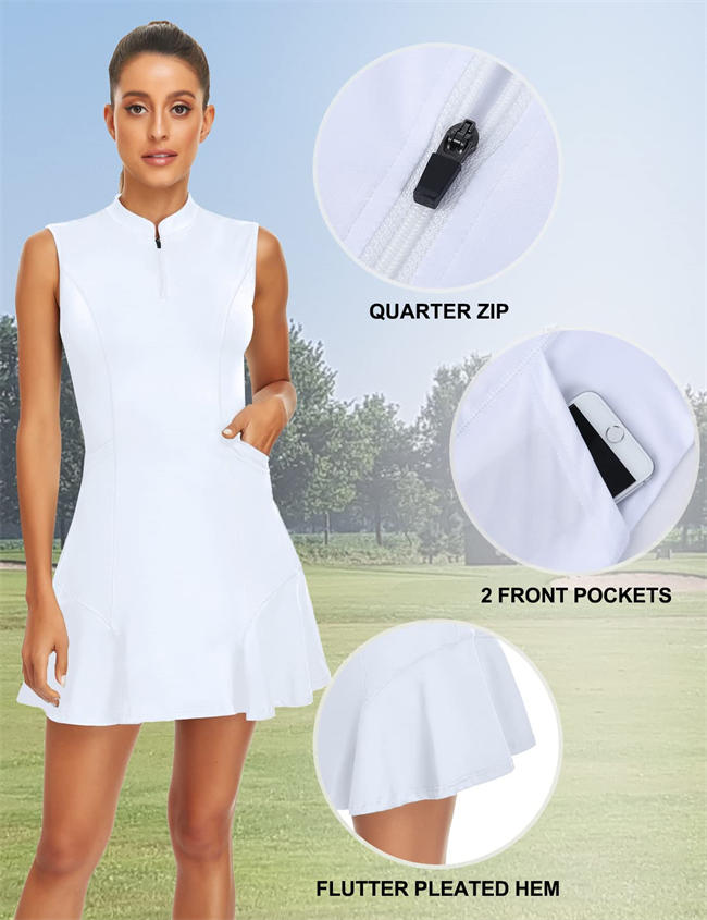 Women Tennis Dress with Shorts Zip Up Quick Dry Sleeveless Pockets Golf Workout Dresses