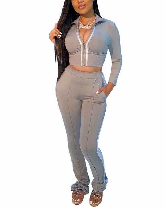 Women Tracksuit Two Piece Outfits Zip-Up Bodycon Crop Jacket Bootcut Pants Jogging Set Sportswear with Pockets