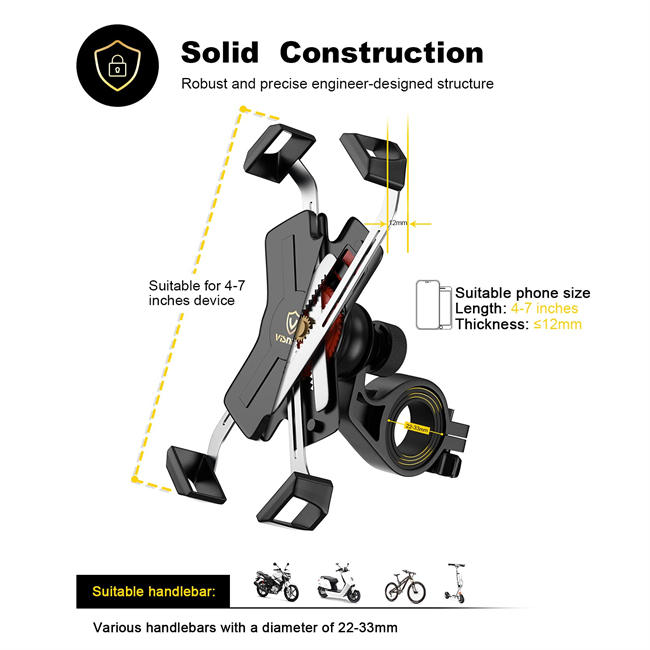 New Bike Phone Mount with Stainless Steel Clamp Arms Anti Shake and Stable 360° Rotation